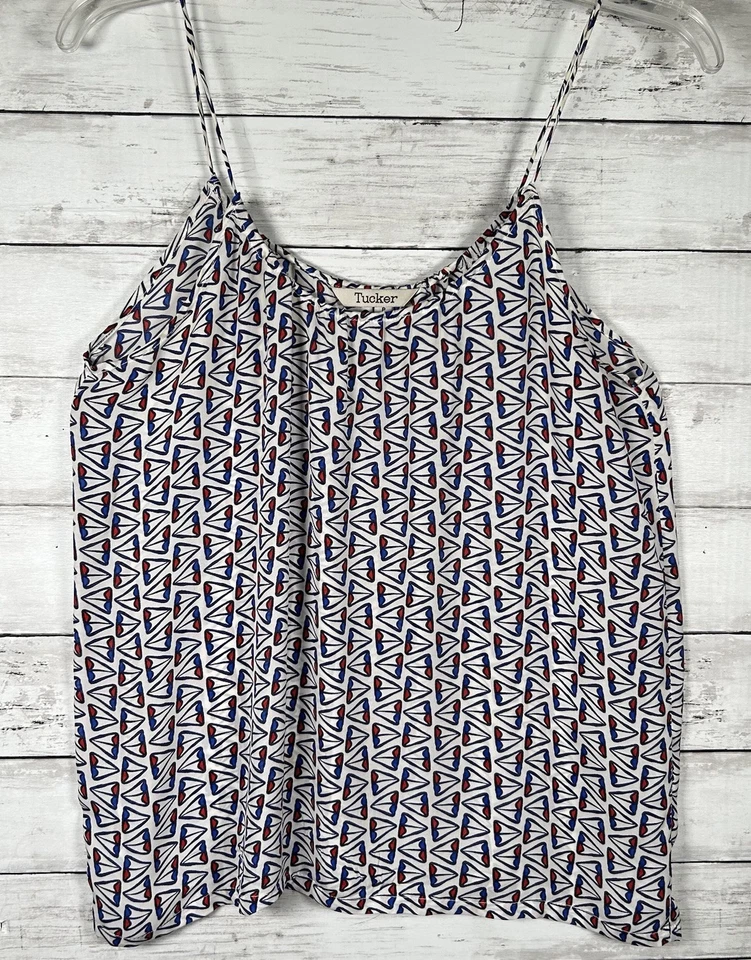 "Camisola Tucker Seda Crepé Top Talla P Geométrica Blanco Azul Rojo Náutico 38"" Busto" Foto 2 de 4