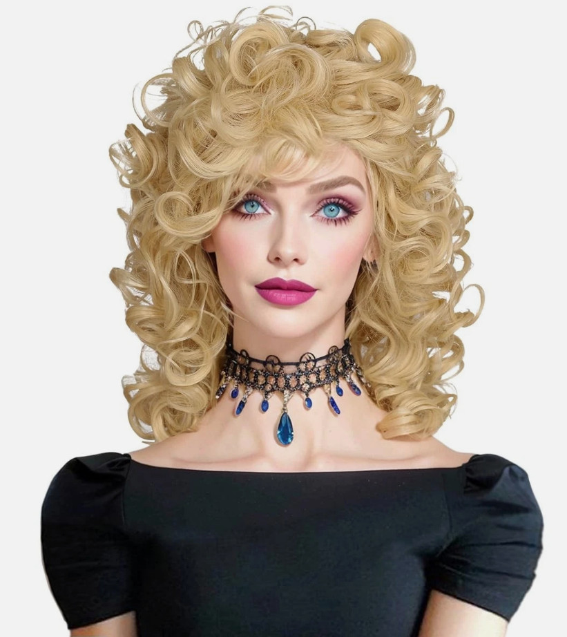 Peluca balancín ColorGround mediana larga rubia rizada años 80 para mujer