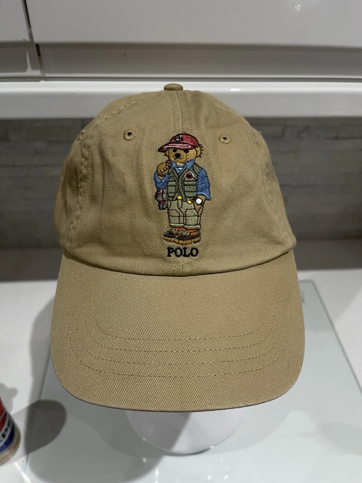 Polo Ralph Lauren Fishing Bear Caf Tan Beige Khaki Strapback Baseball Cap Hat