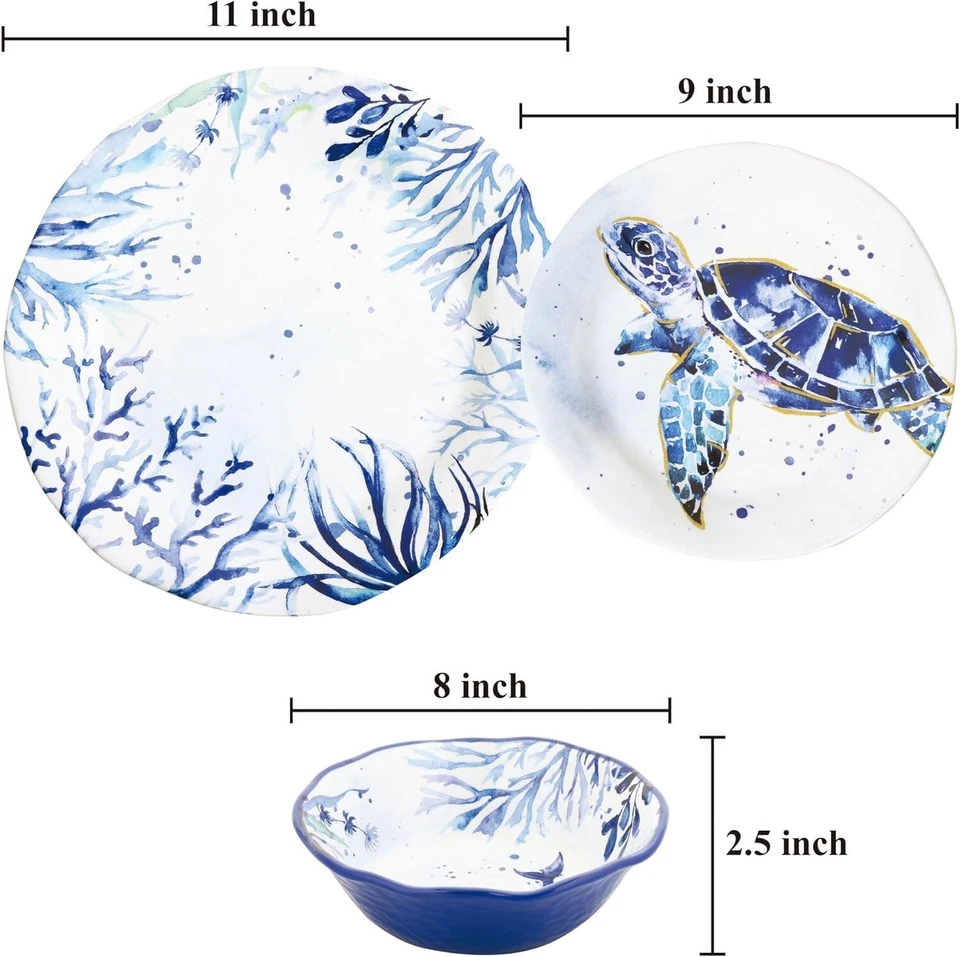 Juegos de vajilla de melamina Indigo Sea Life de 12 piezas, juego de platos de exterior, juego de 4 Foto 2 de 4