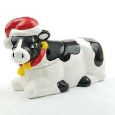 Christmas Cow Cookie Jar Earthenware Santa Hat Moos Vintage