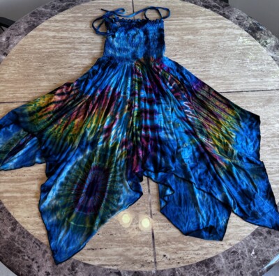Darling Tie Dye Dress With Adjustable Spaghetti Straps & Handkerchief Hem Sz S