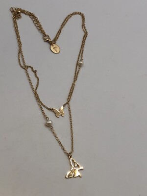 Double Chain Butterfly Necklace Gold Tone Pearl Lovisa 17”-20
