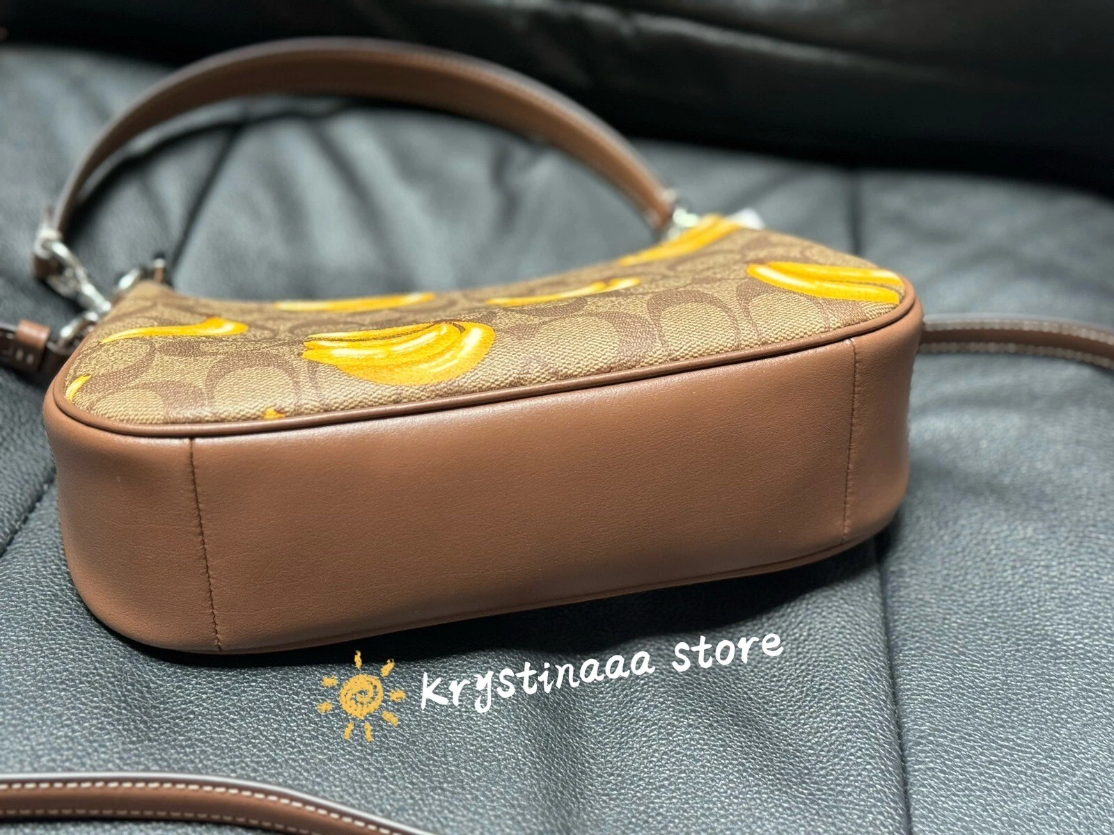 Borsa a tracolla COACH Teri firma tela pelle con stampa banana CR289 nuova con etichette