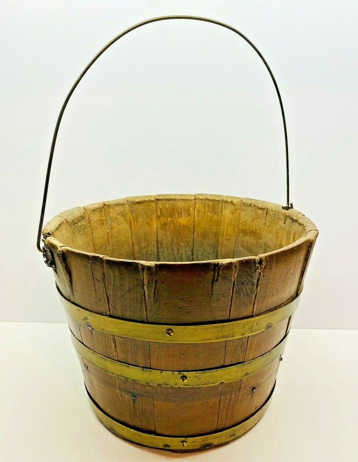 Antique Wooden Bucket With Brass Bands & Metal Handle