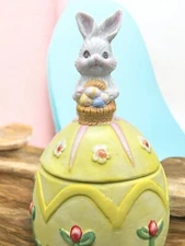 Vintage Porcelain Easter Bunny Easter Egg Shape Covered Box Dish Trinket Dish