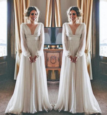 Modest Hippie Boho Beach Wedding Dresses Long Sleeves V Neck Plus Size Chiffon