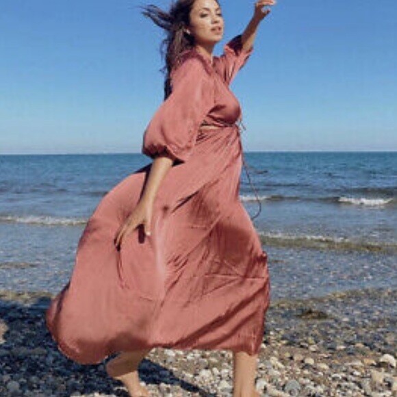 LAST NWT ZARA AW21 MARSALA SATIN EFFECT CUT OUT DRESS 9878
