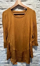 EUC Women's LOGO by LORI GOLDSTEIN 3/4 Sleeve Long Tunic Asymmetric Top Gold S