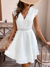 Elegant White Lace Short Dress, Women’s Vacation A-Line Summer Sundress, V-Neck
