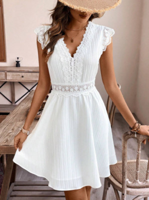 Elegant White Lace Short Dress, Women s Vacation A-Line Summer Sundress, V-Neck