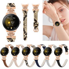 For Google Pixel Watch 1 2 Unique Crown Rhinestones Strap Slim Leather Band