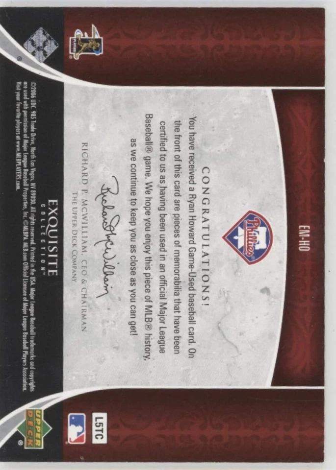 Ryan Howard 2006 Upper Deck Exquisite Collection Swatch 04/45 #EM-HO - Image 2 of 2