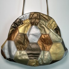 VTG 80  s/90  s Leather Patchwork Clamshell Bag Purse, Hexagon Pattern, Metallic