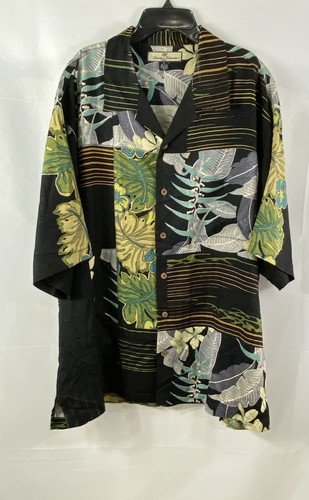 Tommy Bahama Men's Black Tropical Floral Leaf Print 100% Silk Hawaiian Shirt XL