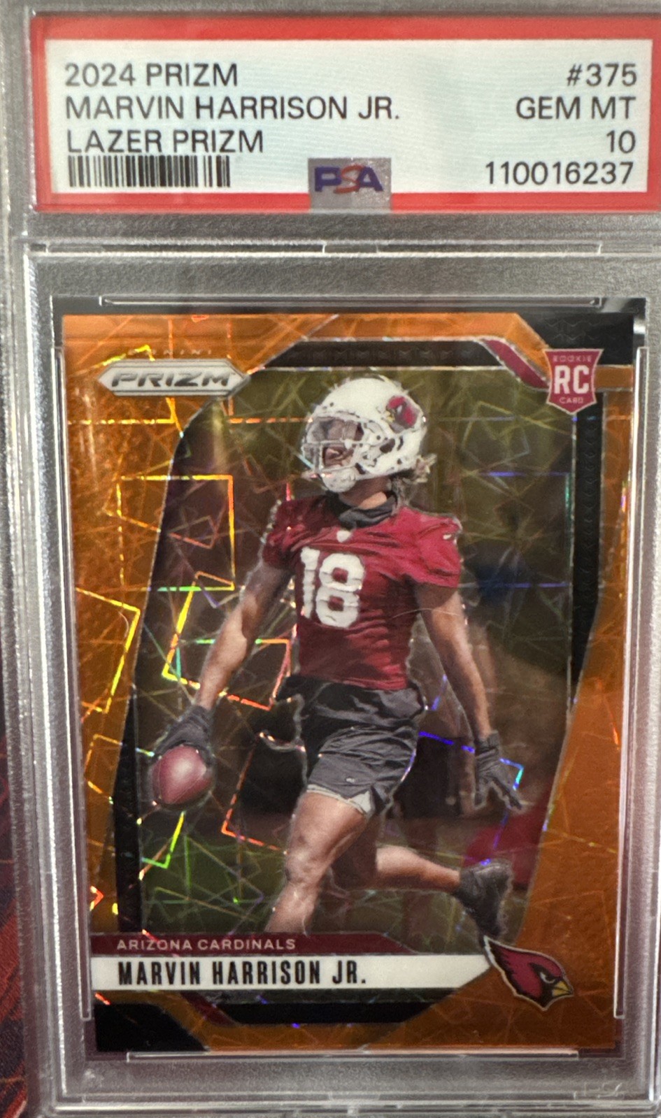 MARVIN HARRISON JR RC 2024 PRIZM ORANGE LAZER #375 ROOKIE GEM MINT PSA 10