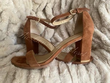 Stuart Weitzman Nudist Block 75 Heeled Ankle Sandal In Hazel Suede US 8.5 EUR 39
