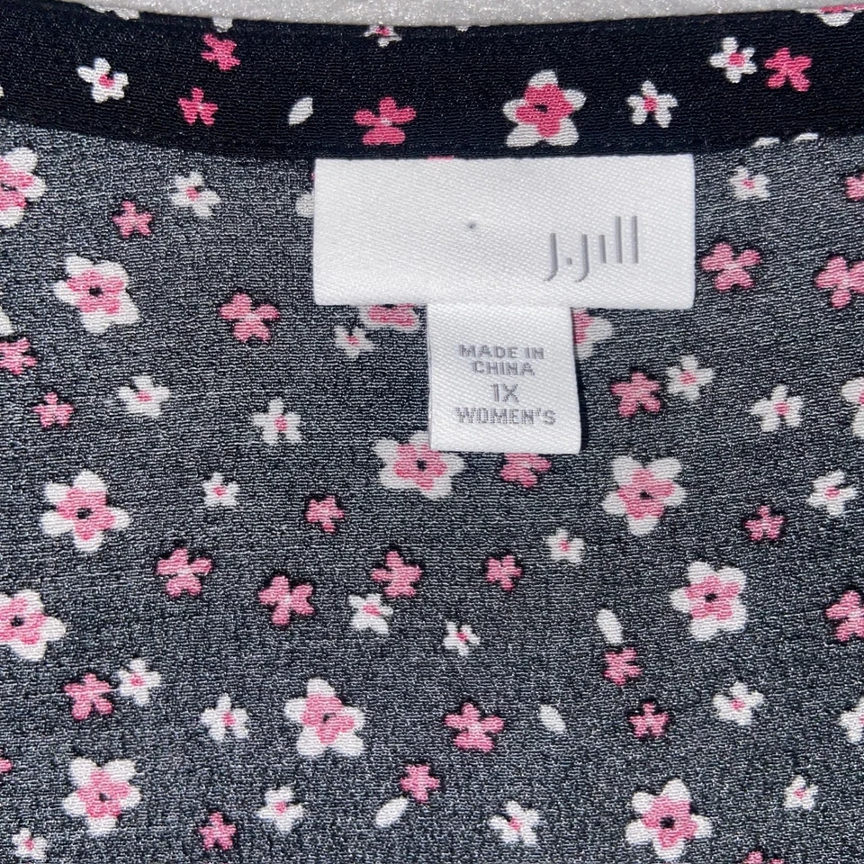 Blusa para mujer J. Jill 1X negra rosa floral lunares estampado mixto rayón Foto 3 de 4