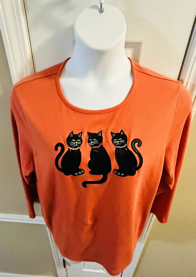 Mercer Street Studio Orange Halloween Cat Long Sleeve Shirt top 1X (14/16W)  - Image 2 of 4