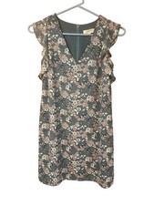LOFT Women's XS 17"x31.5" Petite Gray Floral Ruffle Sleeveless V-Neck Mini Dress