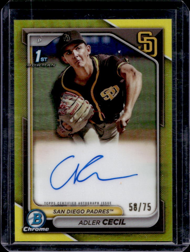 2024 Bowman Chrome Adler Cecil Auto Yellow Refractor 1st #58/75 Padres