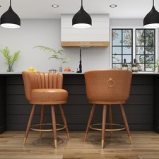 Counter Height Bar Stools Set of 2 Swivel 24" PU Leather Wood Legs Gold Footrest