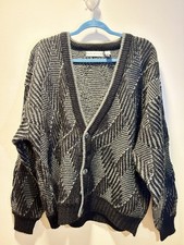 Vintage SATURDAYS 1980s Geometric Black Gray Acrylic Button-Up Sweater Size L