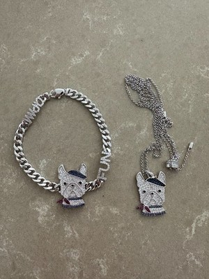 APM Monaco Dog with Beret Nacklace & Bracelet AG 925 Sterling Silver [Pouch Set]