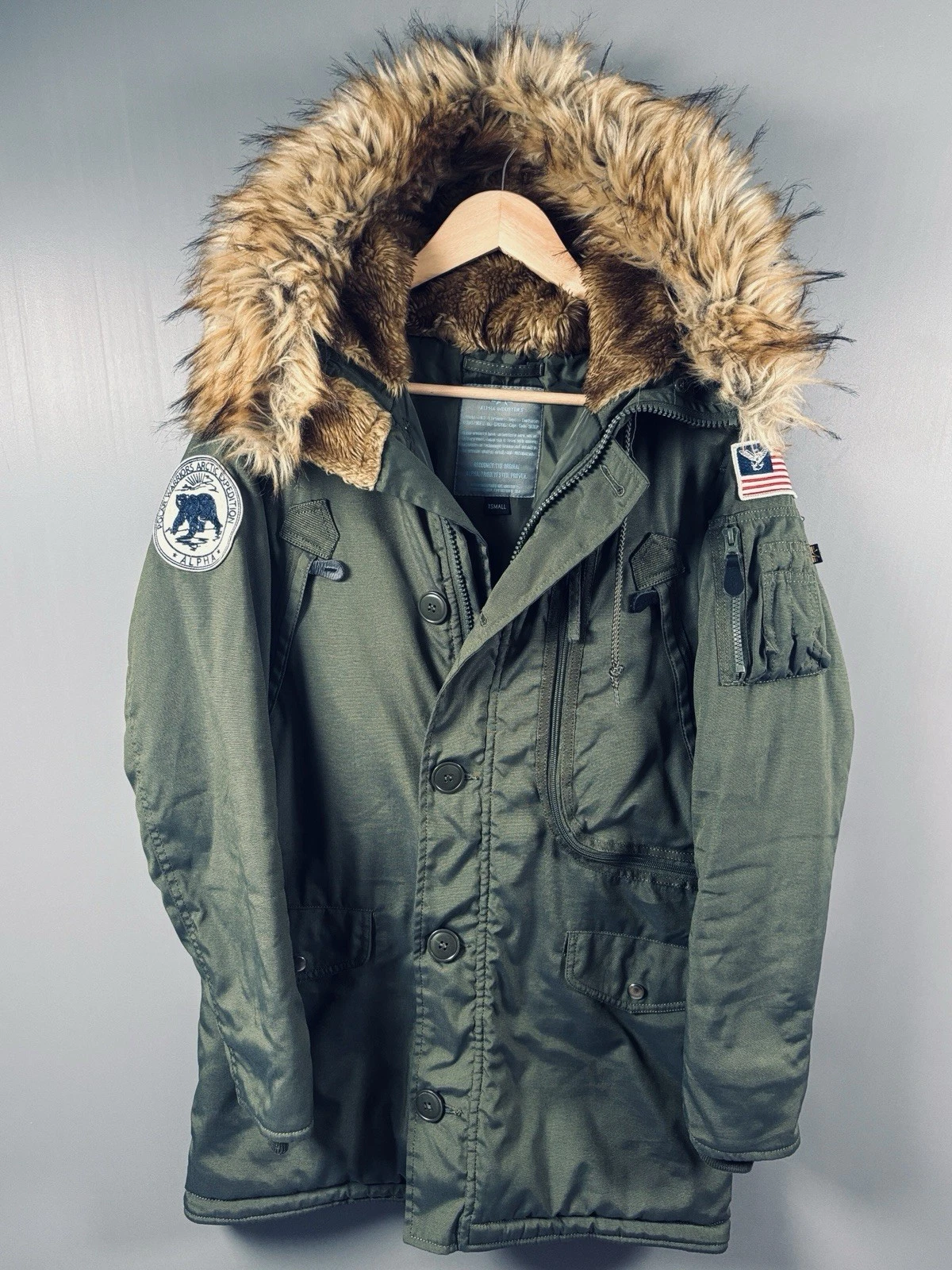 Alpha Industries N-3B Parka Coat Men XS Green Hooded Polar Warriors Arctic