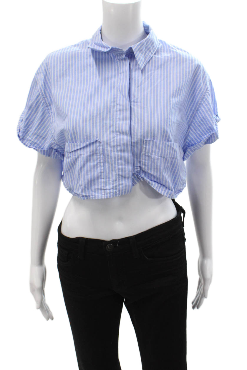 Zara Women Cropped Collared Striped Buttonup Blouse Light Blue Size SFree Shipping in US $100+ Orders | $6.95 Orders Below