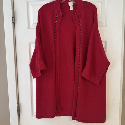 Chico's Red Cullen Crochet Chain Detail Dolman Slv Open Longline Cardigan 2(LGE)