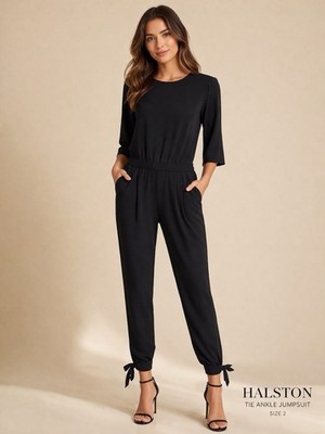 Halston Heritage Jumpsuit 2 Black Tie Ankle 3/4 Sleeve Crew Neck $495