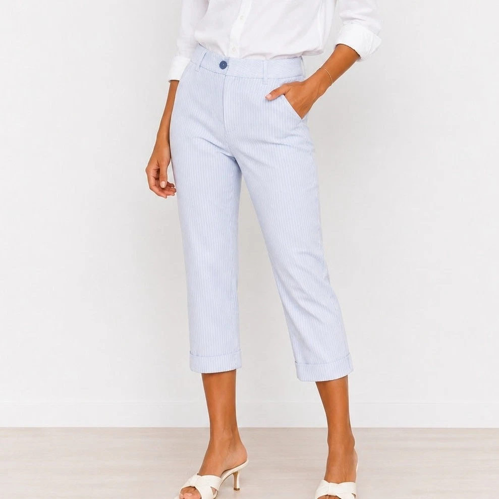 Loft Original Crop Blue and White Pinstripe Pant
