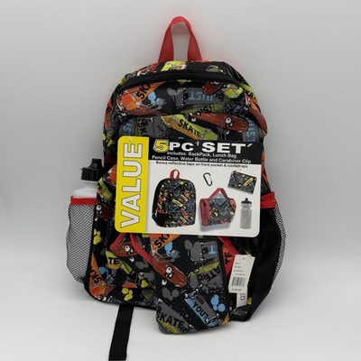 NWT Kids Skateboard Graffiti Backpack School Bag 5pc Set Lunch Bag Bottle Case