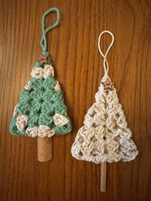 Handmade Set Of 2 Crochet Granny Square Christmas Tree Primitive Ornaments
