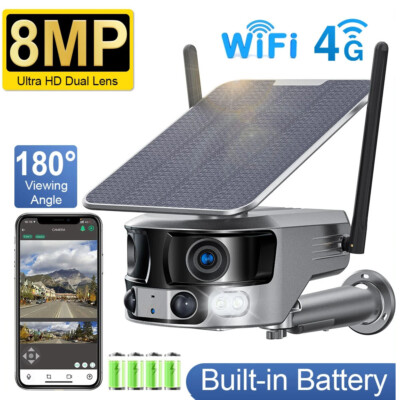 4G/WiFi Solar Panel Security Camera Outdoor Dual Lens CCTV 180° Panoramic IR Cam