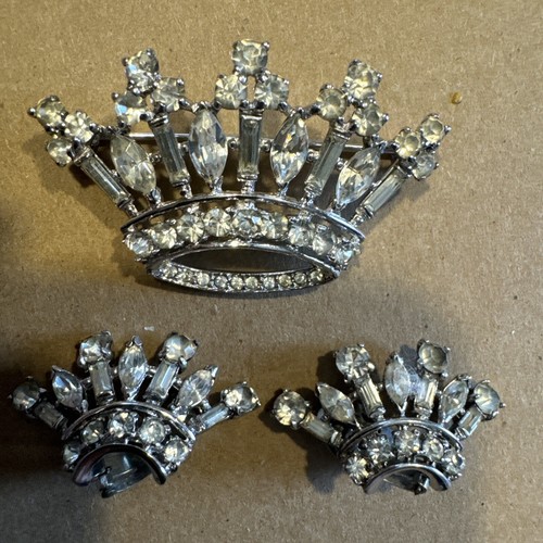 Vintage TRIFARI Silver Sterling Crown Brooch Clear Rhinestones Signed