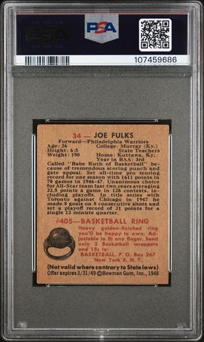 1948 BOWMAN BASKETBALL #34 JOE FULKS, PSA 3 VG (PHIL. WARRIORS) ROOKIE CARD/HOF - Picture 2 of 2
