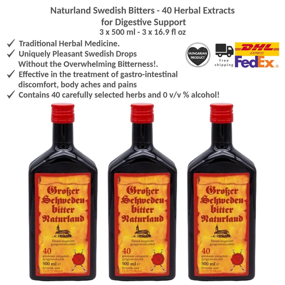 Naturland Swedish Bitters - 40 Herbal Extracts for Digestive Support 500ml x 3