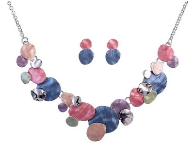 Schmuckset Damen bunt blau rosa Silber Collier Ohrringe Versilbert Ohrstecker - Bild 1 von 3