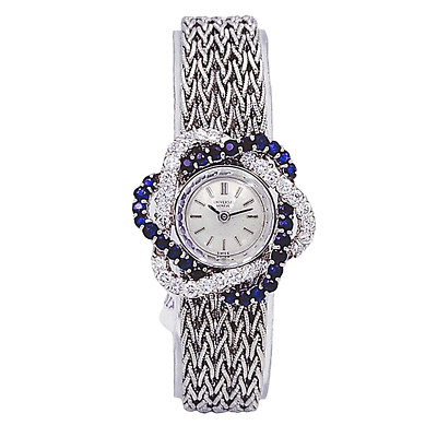 Ladies Universal Genève 22mm Vintage Saphire & Diamonds 18K White Gold Watch.