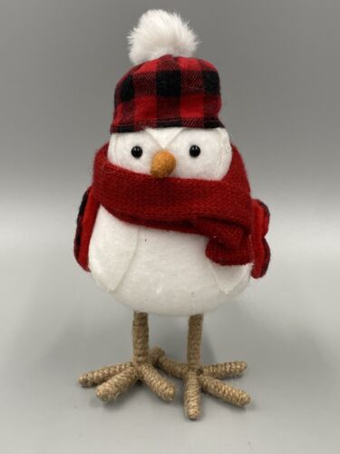 White Holiday Bird Figure Red Buffalo Plaid Hat & Wings W/ Scarf 7” - Picture 1 of 8