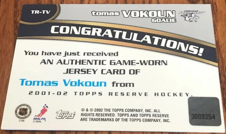 2001-02 Topps Reserve Jerseys Tomas Vokoun TR-TV Nashville Predators - Image 2 of 2