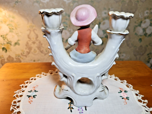 VINTAGE JAPAN DOUBLE CANDLESTICK-CERAMIC FIGURINE-LADY WITH HARP-COTTAGECORE - Picture 3 of 9