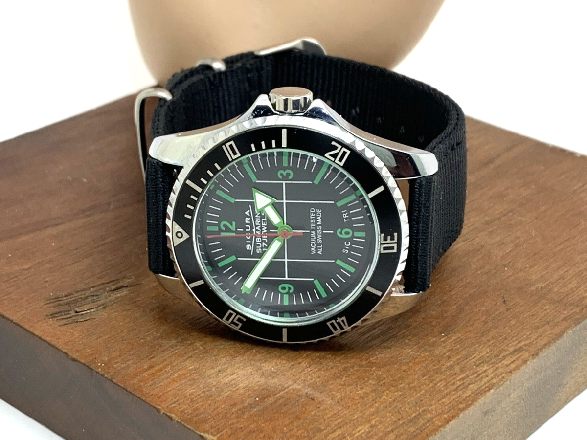 Sicura Submarine Men's Watch Vintage Swiss Manual Wind Black Dial