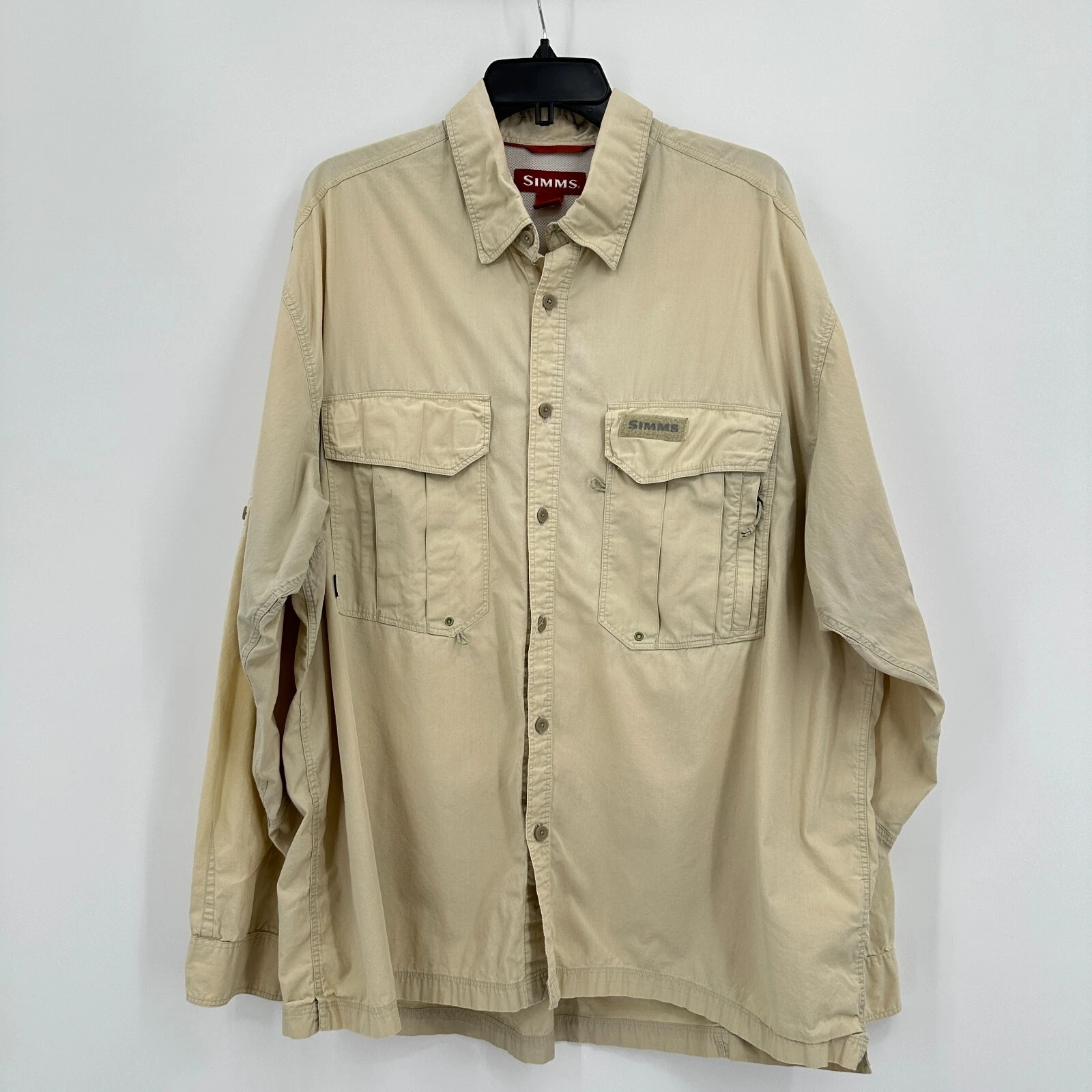 Simms Fishing Shirt Men 2XL Beige Button Up Utility Outdoor Vented Tab Sleeves