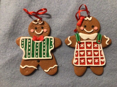 Christmas Gingerbread Iced  Poly ClayBoy & Girl New with Ribbon Hanger Set of 2