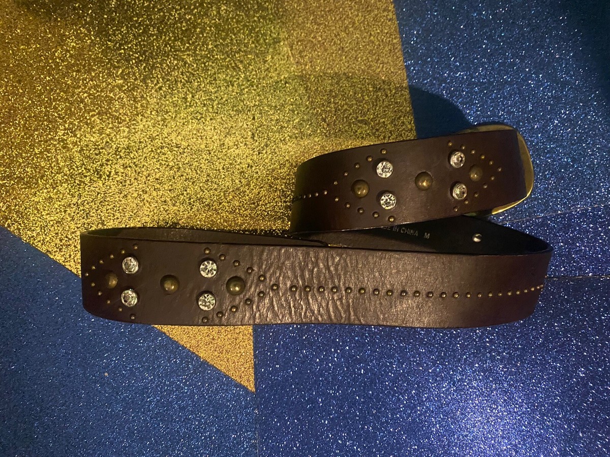 GENUINEL LEATHER BEJEWELED STUDDED BRASS THICK Belt Length 37 Ladies genuine brown leather belt with brass studs & brown  main image 2