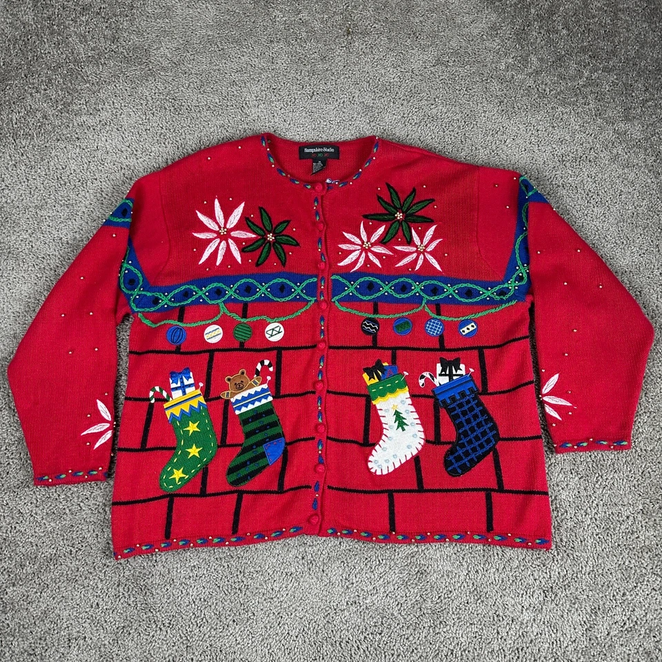 Suéter de Navidad de Colección para Mujer 3X Cárdigan Rojo Medias Cottage Abuela Core Foto 2 de 4