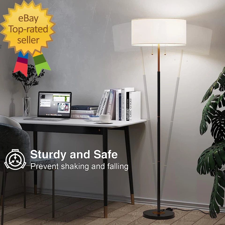 Lámpara de pie de mediados de siglo de 2 luces con pantalla de tela blanca Foto 4 de 4